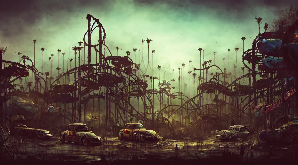 Prompt: post apocalyptic theme park park, by pascal blanche, neil blevins, apocalyptic color palette, trending on artstation, photorealistic, wilderness ambiance, ultra detailed, high definition, depth of field, bokeh, rubble,