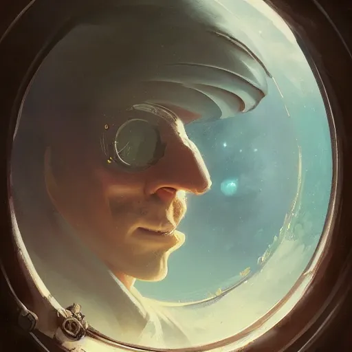 Prompt: a man looking out of a round window from space by peter mohrbacher, jeremy mann, greg rutkowski, android james, ross tran, beautiful, award winning scenery, 8 k quality, clean details, serene, sakura season