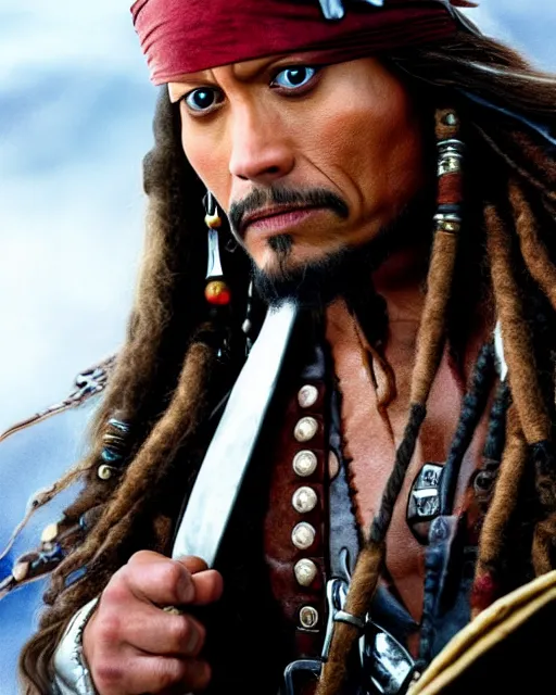 Image similar to Film still close-up shot of Dwayne Johnson as Captain Jack Sparrow from the movie Pirates of the Caribbean. Photographic, photography