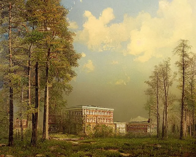 Image similar to beautiful matte painting of cute soviet block of flats hrushevka in end of forest by ivan shishkin