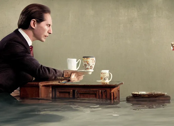 Image similar to A very high resolution image from a new movie, A Weasel wearing a suit drinks tea in a shabby Chinese room, surrounded by water vapor,beatiful backgrounds,dramatic Lighting, directed by wes anderson