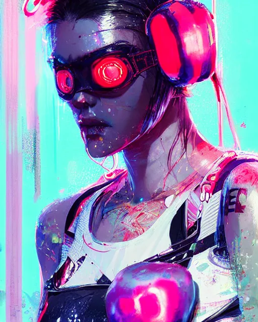 Image similar to detailed portrait Neon boxer Girl, cyberpunk futuristic neon, reflective crop top and shorts, boxing gloves, decorated with traditional Japanese ornaments by Ismail inceoglu dragan bibin hans thoma greg rutkowski Alexandros Pyromallis Nekro Rene Maritte Illustrated, Perfect face, fine details, realistic shaded, fine-face, pretty face