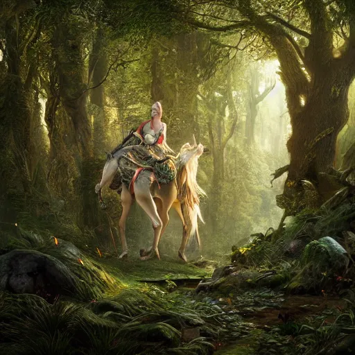 Image similar to female standing in a forest and a male knight standing next to her, 8 k, spotlight, cinematic lighting, global illumination, ambient occlusion, insanely detailed and intricate, hypermaximalist, elegant, ornate, hyper realistic, super detailed, by lee man fong, by pebble tay, by richard dadd, by wlop