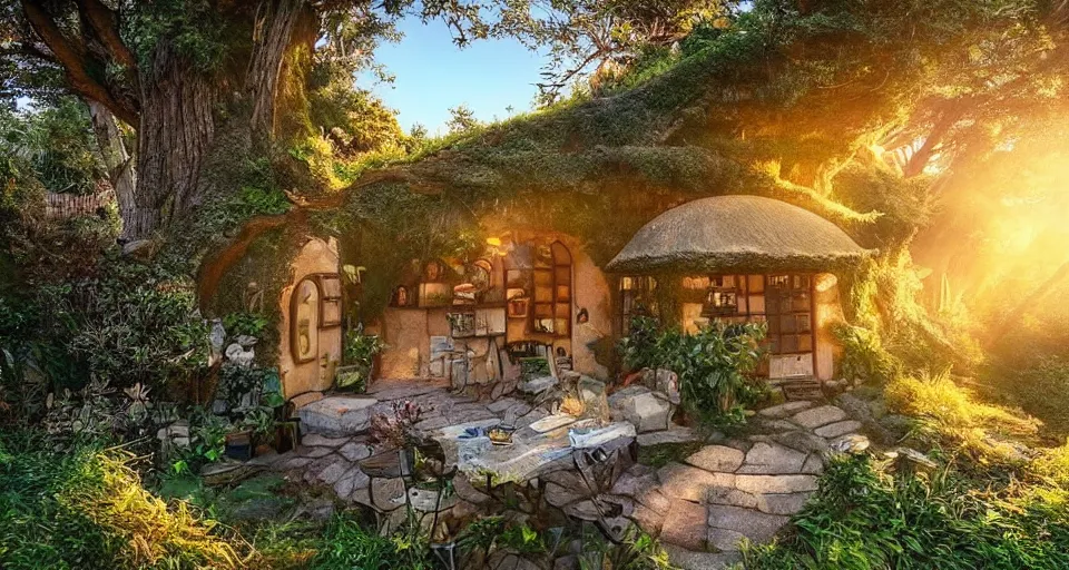 Image similar to a cozy mancave with an overgrown entrance, studio Ghibli style, golden hour