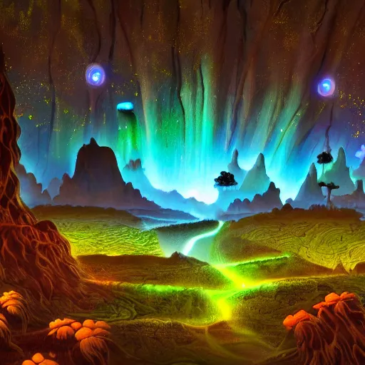 Prompt: airbrushed painting bioluminescent alien mountain landscape with strange glowing plants detailed with waterfalls and flowers and willow trees 4 k