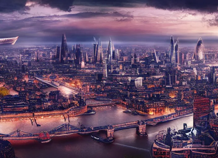 Image similar to epic cinematic artwork landscape of London's skyline in the year 3000, futurism, digital art, masterpiece, 4k