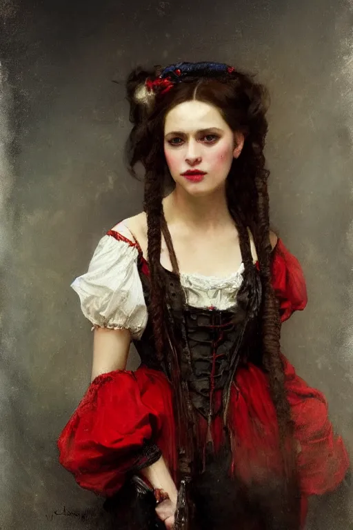 Image similar to Solomon Joseph Solomon and Richard Schmid and Jeremy Lipking victorian genre painting full length portrait painting of a young beautiful woman traditional german french actress model pirate wench in fantasy costume, red background