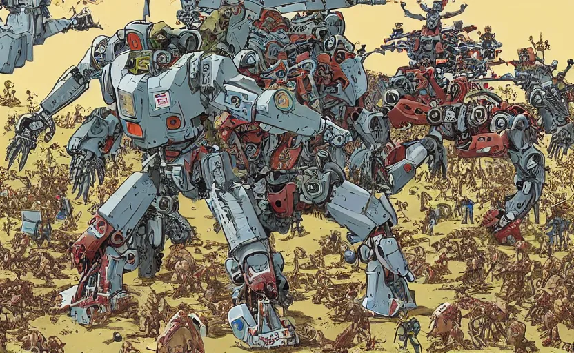 Image similar to a zombie vs mecha battle, art by geoff darrow, high quality, extremely detailed, wimmelbilder, - c 1 3. 0