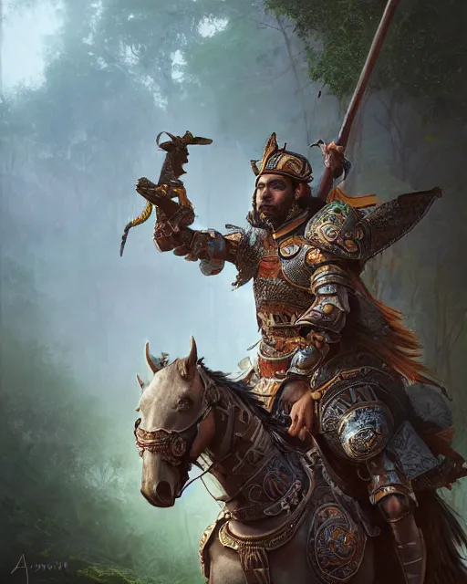Image similar to ultra realistic illustration of a spanish conquistador wearing ornate armor and riding a horse in a dense foggy jungle environment by artgerm and and greg rutkowski and studio ghibli, octane, studio ghibli color scheme, intricate, portrait, anatomy, artstation, cinematic lighting, sharp focus, portrait, concept art, mobile game art