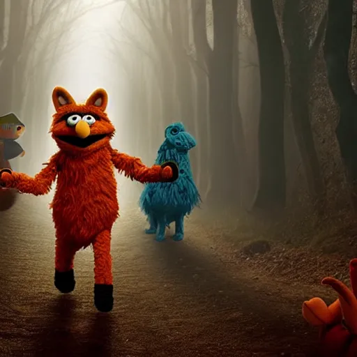 Image similar to a fox muppet wearing a hooded cloak herding a bunch of random muppet animals following behind through a dark forest, sesame street, photograph, photography, ultrarealistic, national geographic