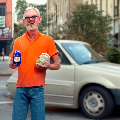 Prompt: hugh hopper holding an orange and a diet pepsi sitting on a street corner