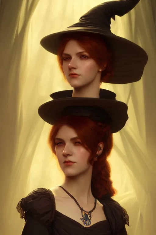 Image similar to a portrait of a witch, bored, illustration, soft lighting, soft details, painting oil on canvas by Edmund Blair Leighton and Charlie Bowater octane render trending on artstation d&d characters, 4k, 8k, HD