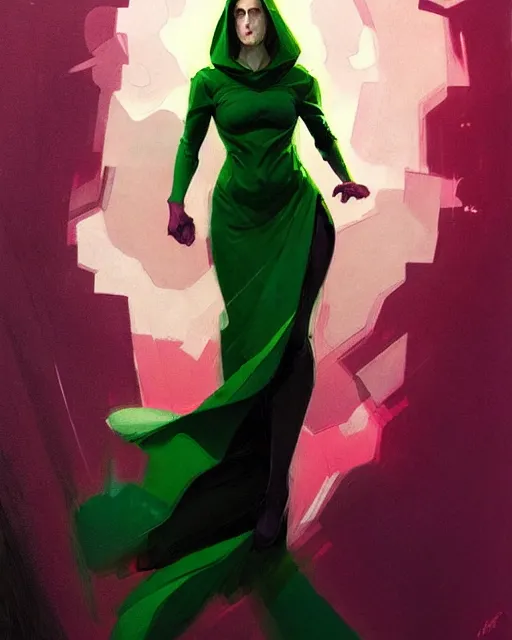 Prompt: Rafeal Albuquerque comic art, Joshua Middleton comic art, Jeremy Mann art, artgerm, cinematics lighting, beautiful Anna Kendrick supervillain, green dress with a black hood, angry, symmetrical face, Symmetrical eyes, full body, flying in the air over city, night time, red mood in background