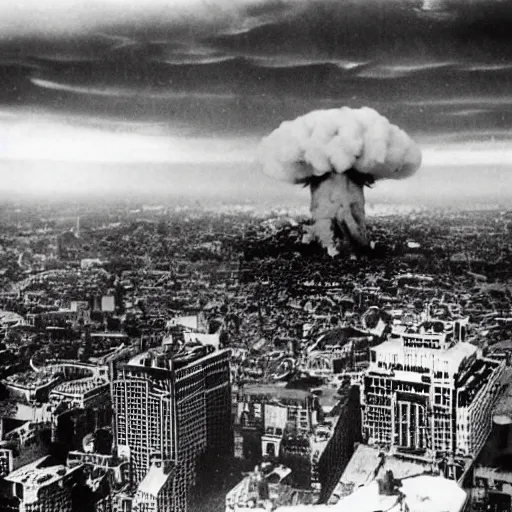 Prompt: atomic bomb exploding over a city. black and white photo