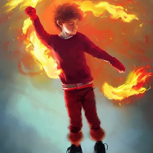 Prompt: colorful and festive captivating young child boy, brown fluffy hair, wearing red and yellow clothes, shooting a fire ball out of his fist. full body, rich vivid colors, ambient lighting, dynamic lighting, 4 k, atmospheric lighting, painted, intricate, highly detailed by charlie bowater