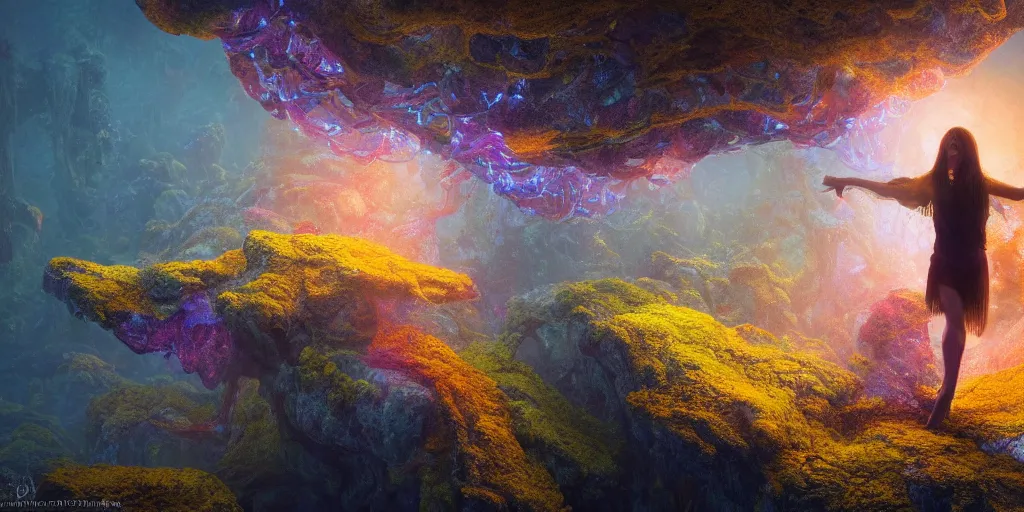 Image similar to Photorealistic intricate detailed picture of a levitating floating woman made from colorful fungus tendrils, with arms outstretched. a gentle rising mist, an epic rocky landscape. occult photorealism, UHD, amazing depth, glowing, golden ratio, 3D octane cycle unreal engine 5, volumetric lighting, cinematic lighting, cgstation artstation concept art