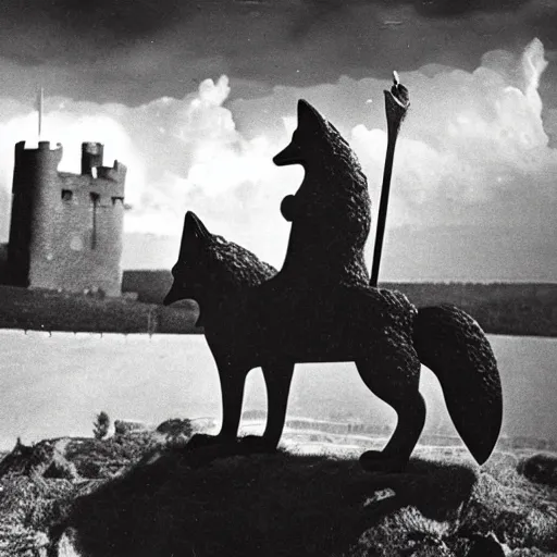 Image similar to anthropomorphic fox!! who is a medieval knight holding a swo - rd towards a s - tormy thundercloud [ 1 9 3 0 s film still ], ( castle in the background )