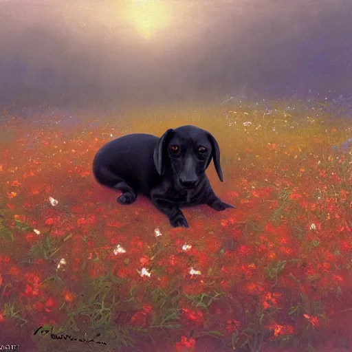 Prompt: mild, calm very tiny black Dachshund sleeping inside the flower on the sunrise, misty field, painting by Perov,