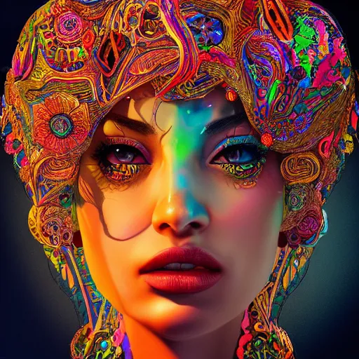 Image similar to the face of a ridiculously beautiful and pretty arab woman partially made of onion rings of all colors looking down, an ultrafine detailed illustration by james jean, final fantasy, intricate linework, bright colors, behance contest winner, vanitas, angular, altermodern, unreal engine 5 highly rendered, global illumination, radiant light, detailed and intricate environment