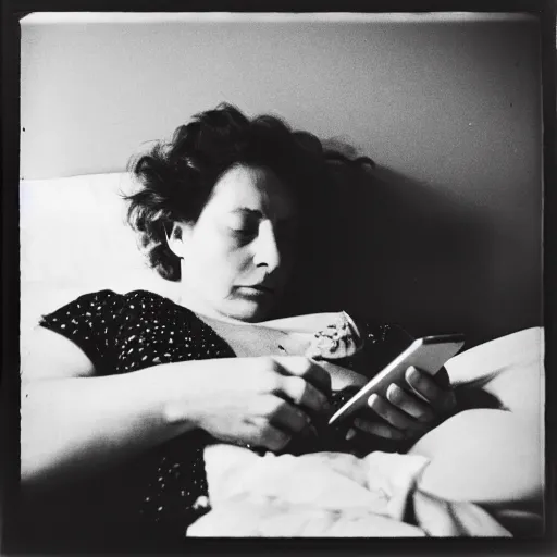 Image similar to a woman with dark brown hair looking at a cell phone lying down on a bed, photo by Dianne Arbus
