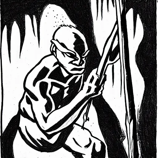 Prompt: A blind fishman holding a spear in a dark cave. Pencil drawing. Black and white. Mike Mignola.