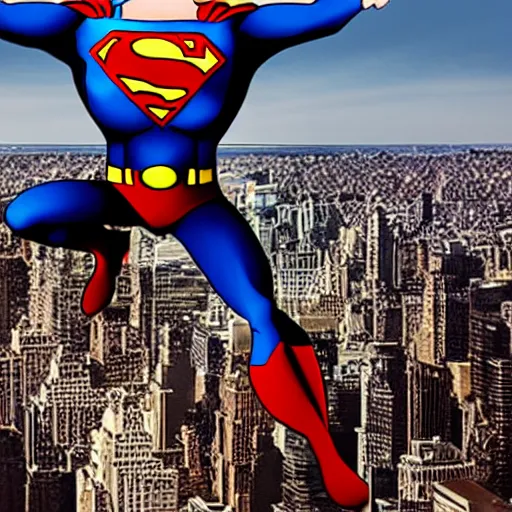 Image similar to Superman flying over New York, drops his sandwish