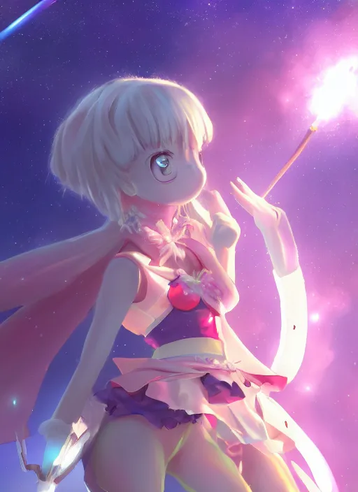 Image similar to a magical girl transformed in a meteor shower, anime, pixiv, artstation