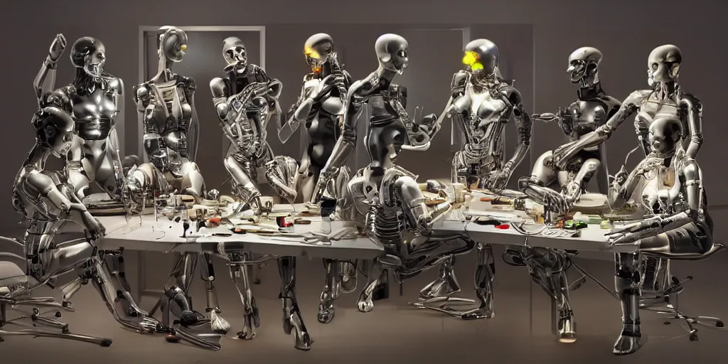 Image similar to !5 diverse cyborgs on !one_side of a reflective !cybernetic table, !!posing_as_last_supper, inticrate detailed glowing implants, !!highly detailed, beautiful lighting