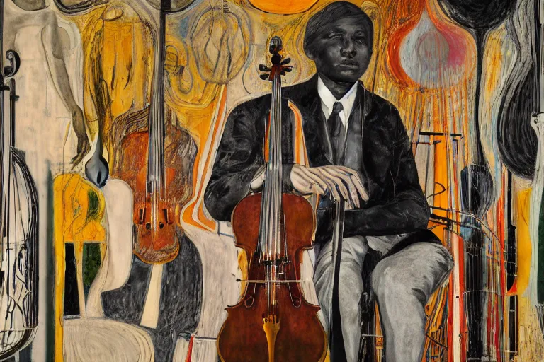 Image similar to portrait of a young cellist focusing with a background of hundreds of cellos by vincent lefevre and hernan bas and pat steir and hilma af klint, psychological, symmetrical face, dripping paint, rendered in octane, altermodern, masterpiece