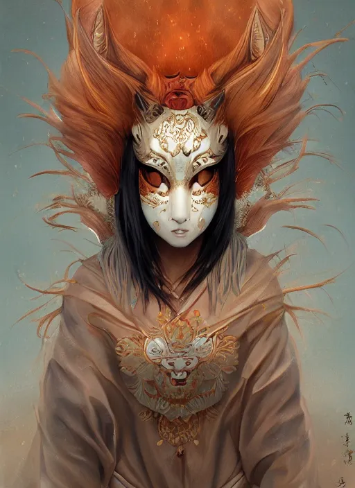 Image similar to a beautiful detailed oil on copper art illustration of a japanese kitsune mask woman, centered, by charlie bowater, zeng fanzh, trending on artstation, dim dusk lighting, cinematic lighting, detailed lighting, volumetric lighting, realistic, f 8, 4 k hd wallpaper