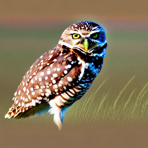 Prompt: a picture of a burrowing owl that didn't sleep standing or perched, he slept in what could be described as a squat with his short stubby tail supporting him and his legs splayed out to the sides