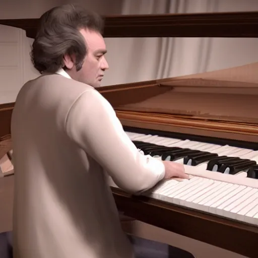 Image similar to of beethoven trying to compose at the piano but unable to hear and crying with frustration with pages of hand written score all around unreal engine 5 3 d photorealistic scene cinematic lighting