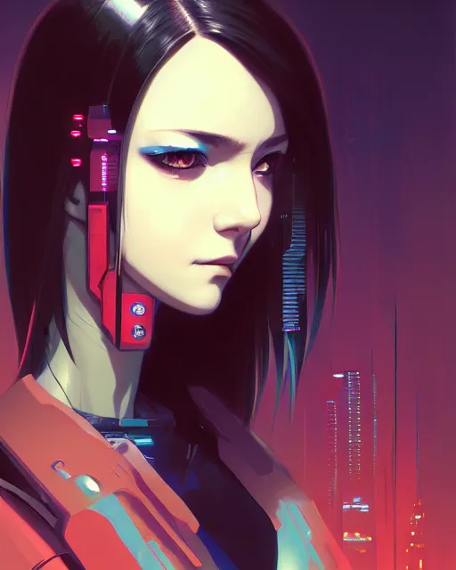 Image similar to a comic potrait of a cyberpunk cyborg girl with big and cute eyes, fine - face, realistic shaded perfect face, fine details. night setting. very anime style. realistic shaded lighting poster by ilya kuvshinov katsuhiro, magali villeneuve, artgerm, jeremy lipkin and michael garmash, rob rey and kentaro miura style, trending on art station