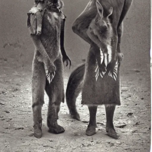 Image similar to kangaroo and wallabies wearing cowboy costumes, small town, 1 8 6 0 s, photo