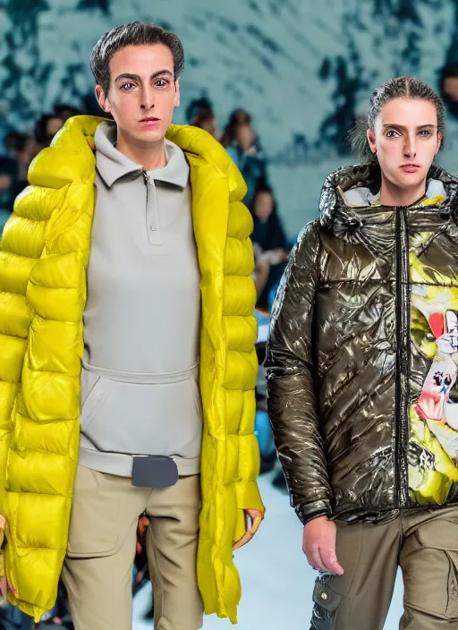 Image similar to hyperrealistic and heavy detailed Moncler runway show of rick and morty , Leica SL2 50mm, vivid color, high quality, high textured, real life