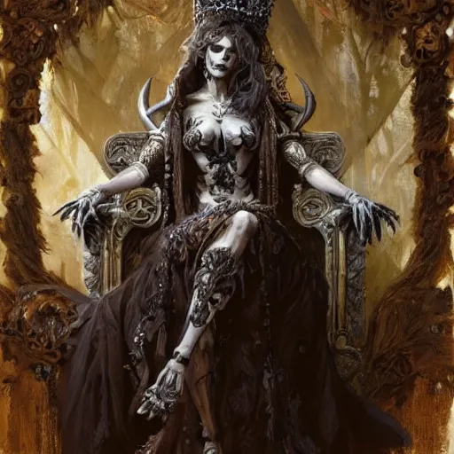 Prompt: beautiful painting of the queen of bones by a cemetary, sitting on a throne, detailed face, with a crown of skulls, skull earings, painting by gaston bussiere, craig mullins