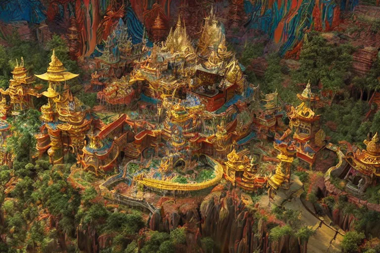 Prompt: the ancient mythical buddhist kingdom of shambhala, in the style of frank frazetta and andrea pozzo, ultra realistic, atmosphere glow, detailed intricate, colorful, cinematic lighting, unreal engine, god lighting