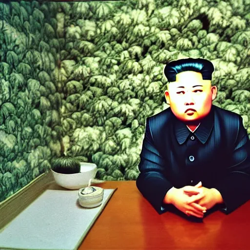 Image similar to hyperralism araki nobuyoshi photography of realistic detailed north korean kim chen with detailed face smoking reviewing detailed weed bush in detailed basement bedroom ultraviolet light