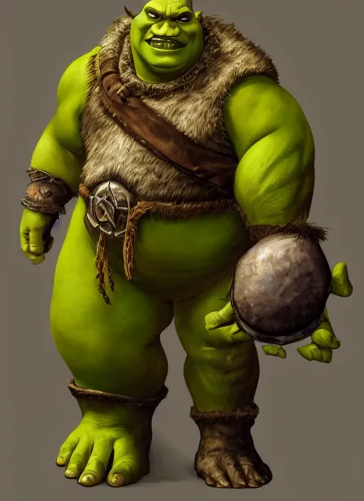 Prompt: dramatic oil painting of full body shrek as thrall from world of warcraft, artstation, shrek, epic, dramatic, shrek ogre,