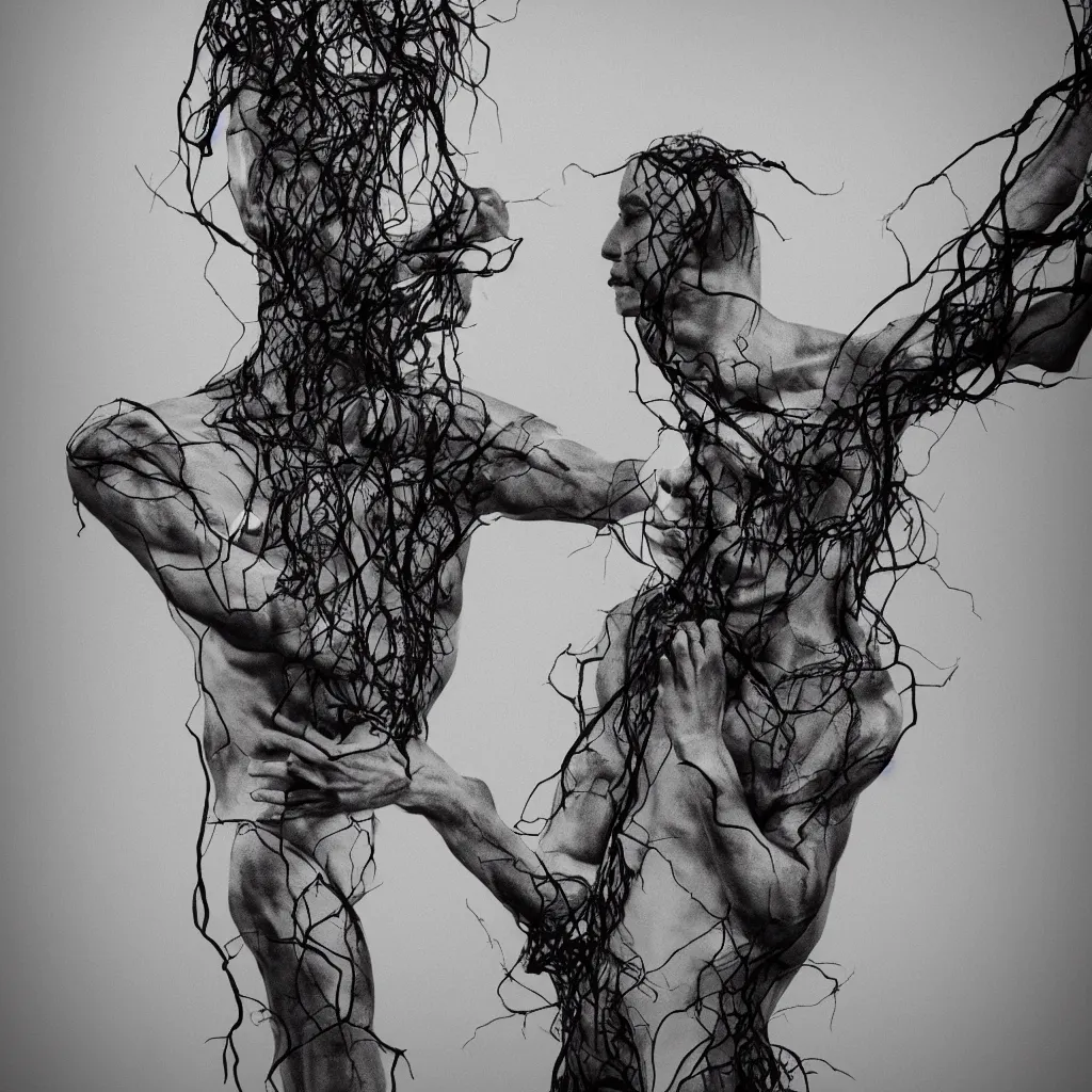 Image similar to monochrome faceless man praying, vines are growing on his body, death, photorealistic, monochrome, hyper realism, unreal engine, trending in artstation