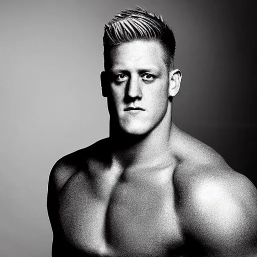 Image similar to “a realistic detailed photo of a guy who is an attractive humanoid who is half robot and half humanoid, who is a male android, football player JJ Watt, shiny skin, posing like a statue, blank stare”