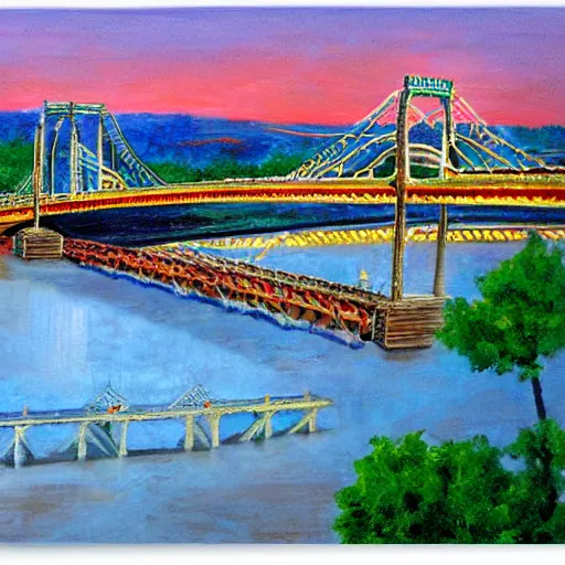 Image similar to chattanooga tennessee pic of walnut street bridge painting in style of herb ryman