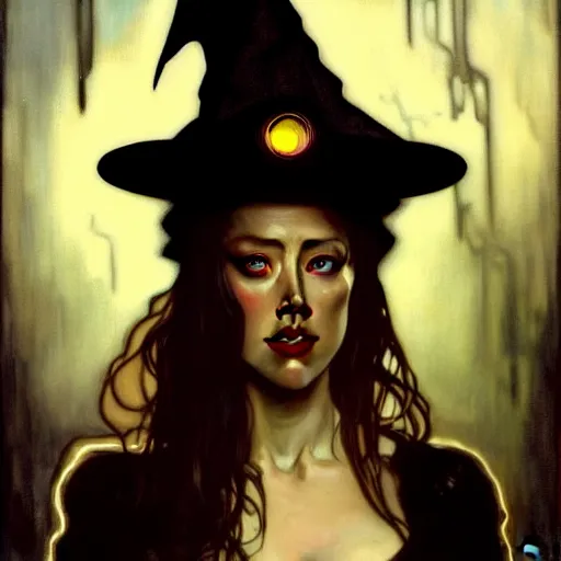 Image similar to hyperrealist portrait of amber heard as a vampire witch holding a cristal human skull and wearing a wizard hat. by jeremy mann and alphonse mucha, fantasy art, photo realistic, dynamic lighting, artstation, poster, volumetric lighting, very detailed faces, 4 k, award winning