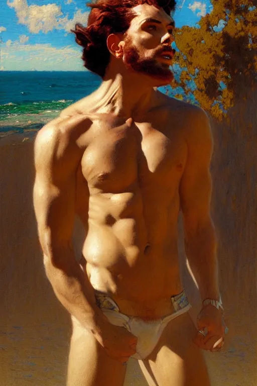 Prompt: beach, attractive male, character design, dynamic lighting, cool and bright tint, painting by gaston bussiere, craig mullins, j. c. leyendecker, tom of finland