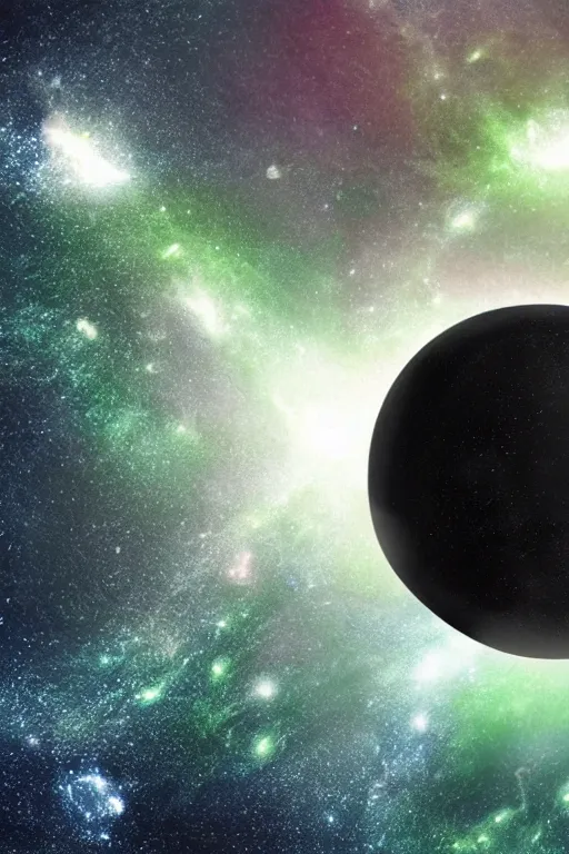 Image similar to a hyper realistic black sphere surrounded by green lightning and mist in the middle of the galaxy