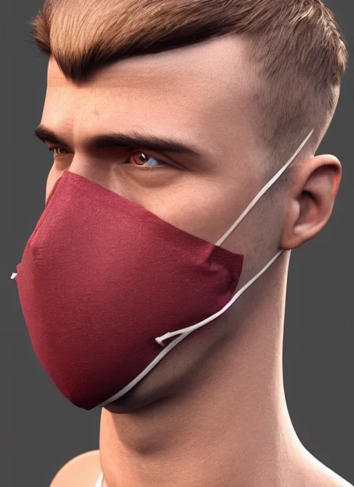 Prompt: 3 d model of a european young man covering face with fabric mask, ultrarealistic, octane rendered, unreal engine 5, ray tracing, subsurface scattering, studio lighting, trending on artstation, extremely detailed