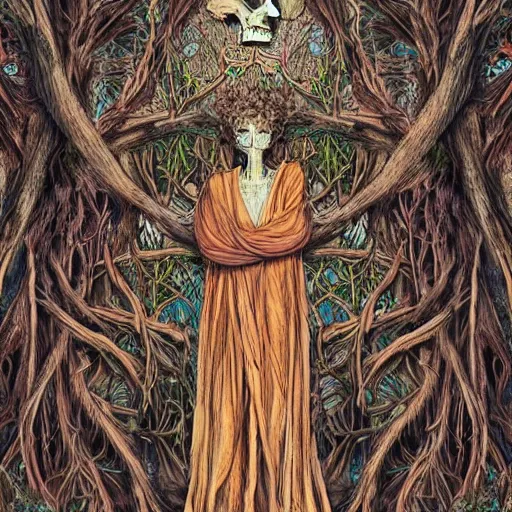 Prompt: A portrait of the god of trees, vibrant, intricate details, cloak, skeleton, robe, floral, overgrown, ancient, ruins, atmospheric