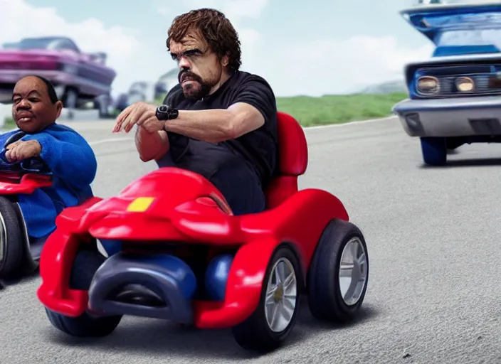 Image similar to peter dinklage racing gary coleman driving a little tikes cars, movie still, from the new fast and furious movie, 8 k, realistic