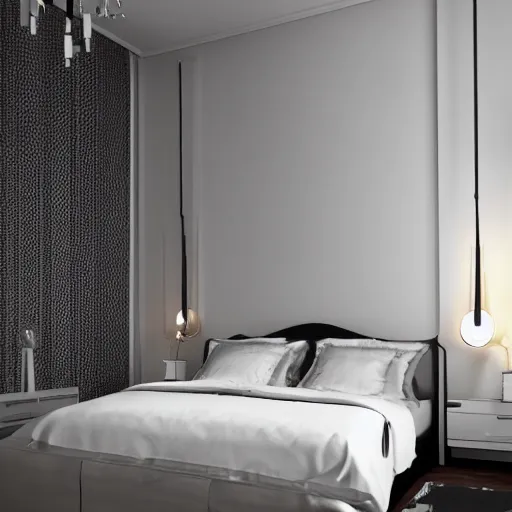 Image similar to a modern minimalist art deco bedroom