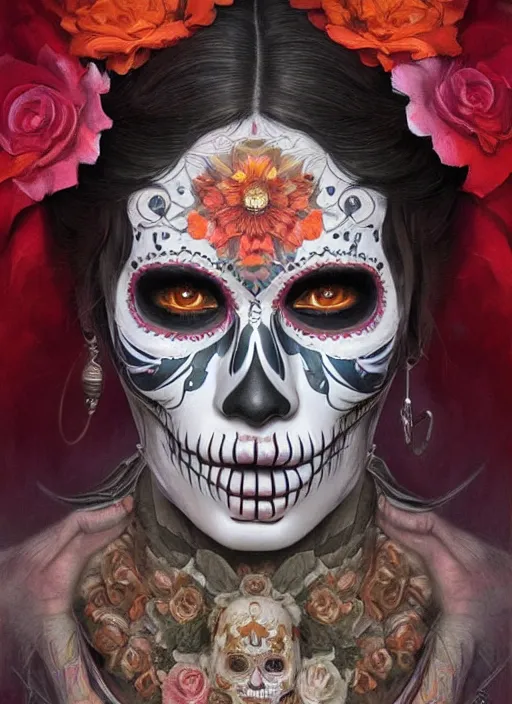 Image similar to digital _ painting _ of _ dia de los muertos _ by _ filipe _ pagliuso _ and _ justin _ gerard _ symmetric _ fantasy _ highly _ detailed _ realistic _ intricate _ port